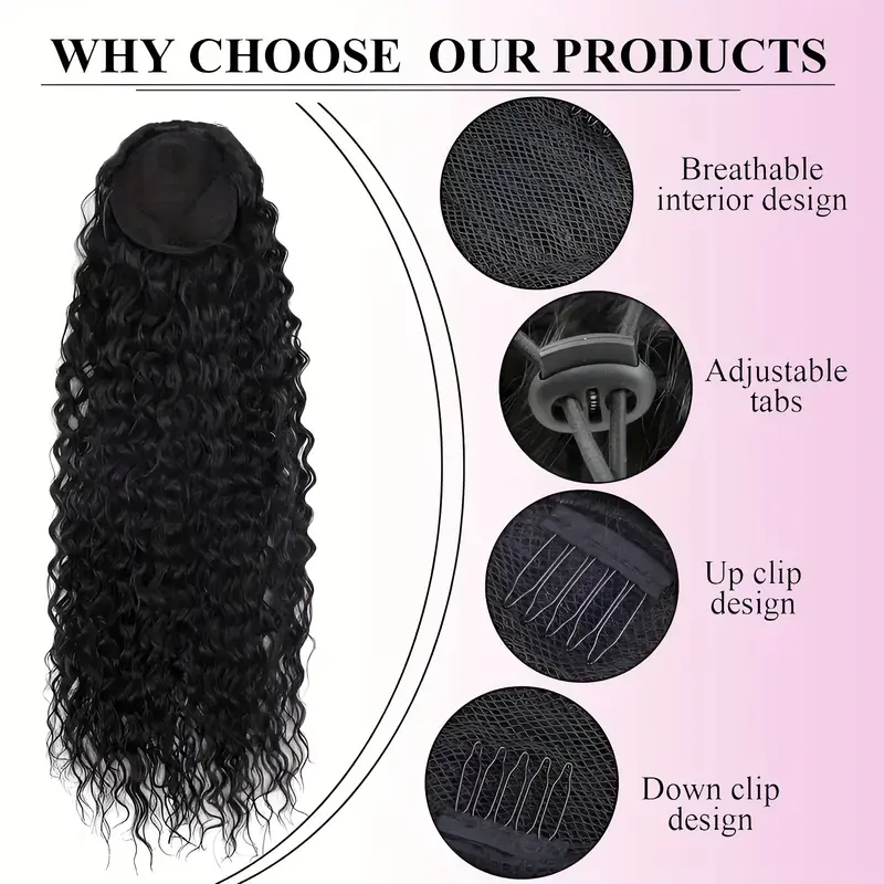 womens high temperature fiber curly wave ponytail hair extensions 16 inch drawstring and clip fluffy texture fashionable synthetic hairpiece details 8