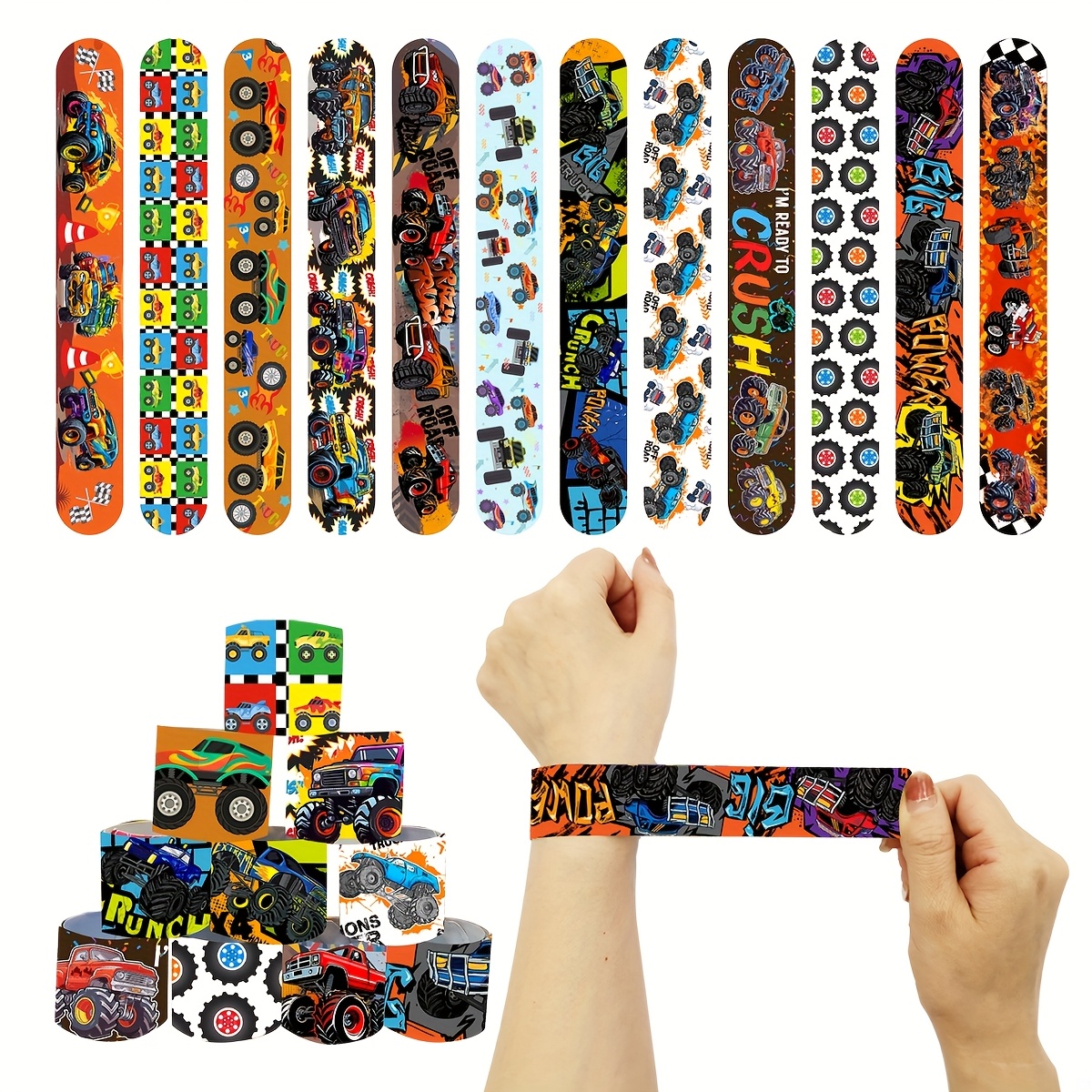 12pcs Monster Truck Slap Bracelets - Perfect For Birthday Parties, Classroom Rewards & Holiday Gifts,halloween,christmas Christmas, Halloween