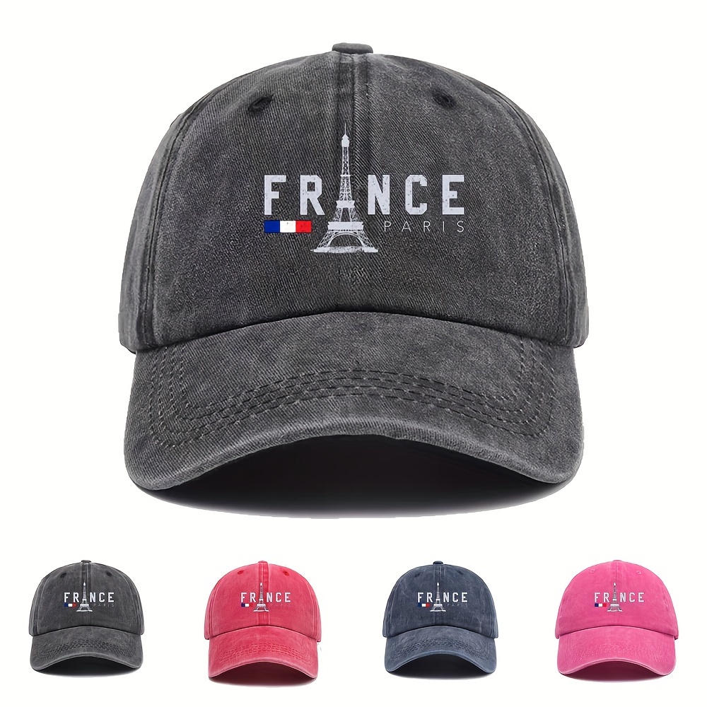

Vintage Washed Denim Baseball Cap With France Paris Print, 100% Cotton Casual Dad Hat For Outdoor Sports, Geometric Pattern Lightweight Cap