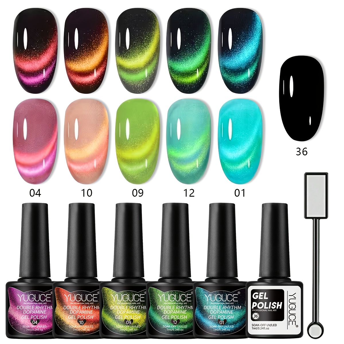 Image of Yuguce 1 Set Of 7pcs, New Dual- Eye Gel, Includes Coat And Magnetic Stick, Professional Nail Kit, /led Curing, Spring And Summer Nails, Must-have For Beginners, Diy Cat Eye Nail Art