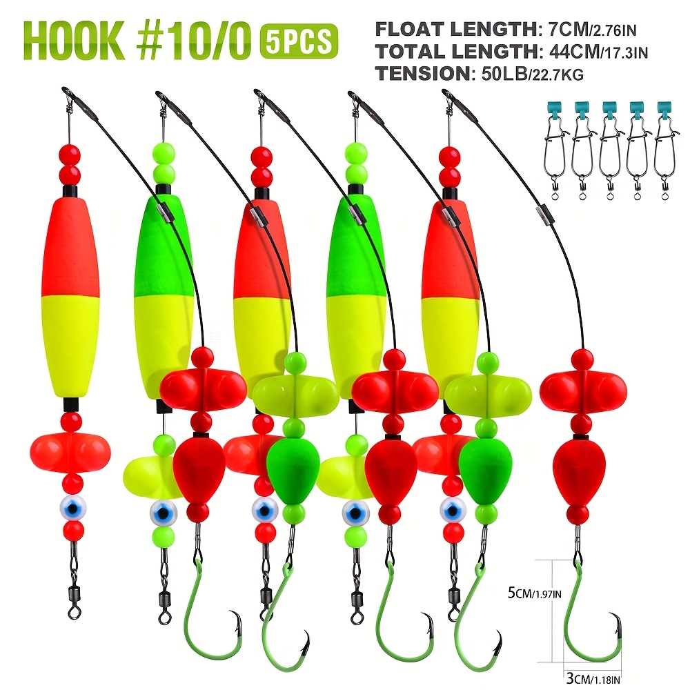 TEMU Catfish Setup - 5pcs Catfish Float Rig Bank Fishing Kit With 6/0, 8/0, 10/0 Circle Hooks, Featuring Double Rattle Beads With -the-dark Coating