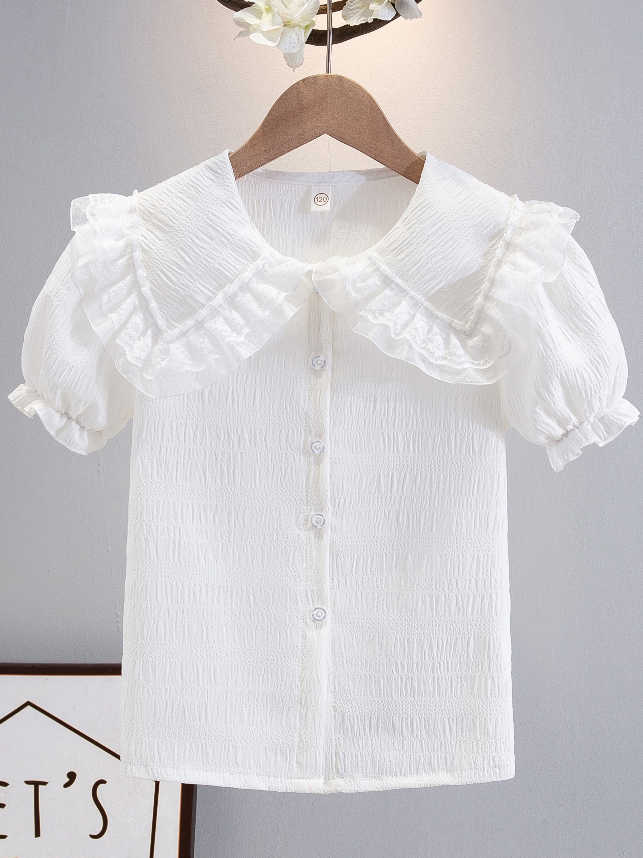 Girls' Short Sleeve Chiffon School Shirt with Lace Collar Bubble Sleeves  White Button- Blouse for Kids Summer Dresses, Machine Washable, Casual