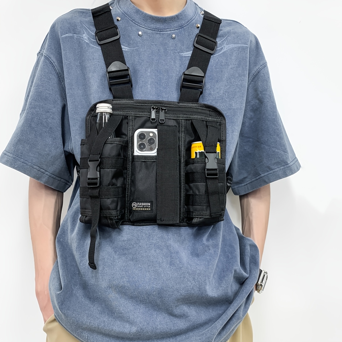 TEMU Riñonera para hombre, bolsa de cinturón táctica de utilidad , bolsa de pecho multibolsillo de moda para hombre, chaleco táctico tipo riñonera