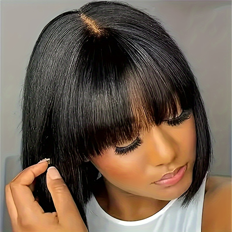 TEMU Glueless 2x1 Lace Front Wig Short Bob With Bangs - 180% Density Straight Human Hair Wig For Women, , , Suitable For All , Vacation Hairstyle | Polished Straight Hair | Wig