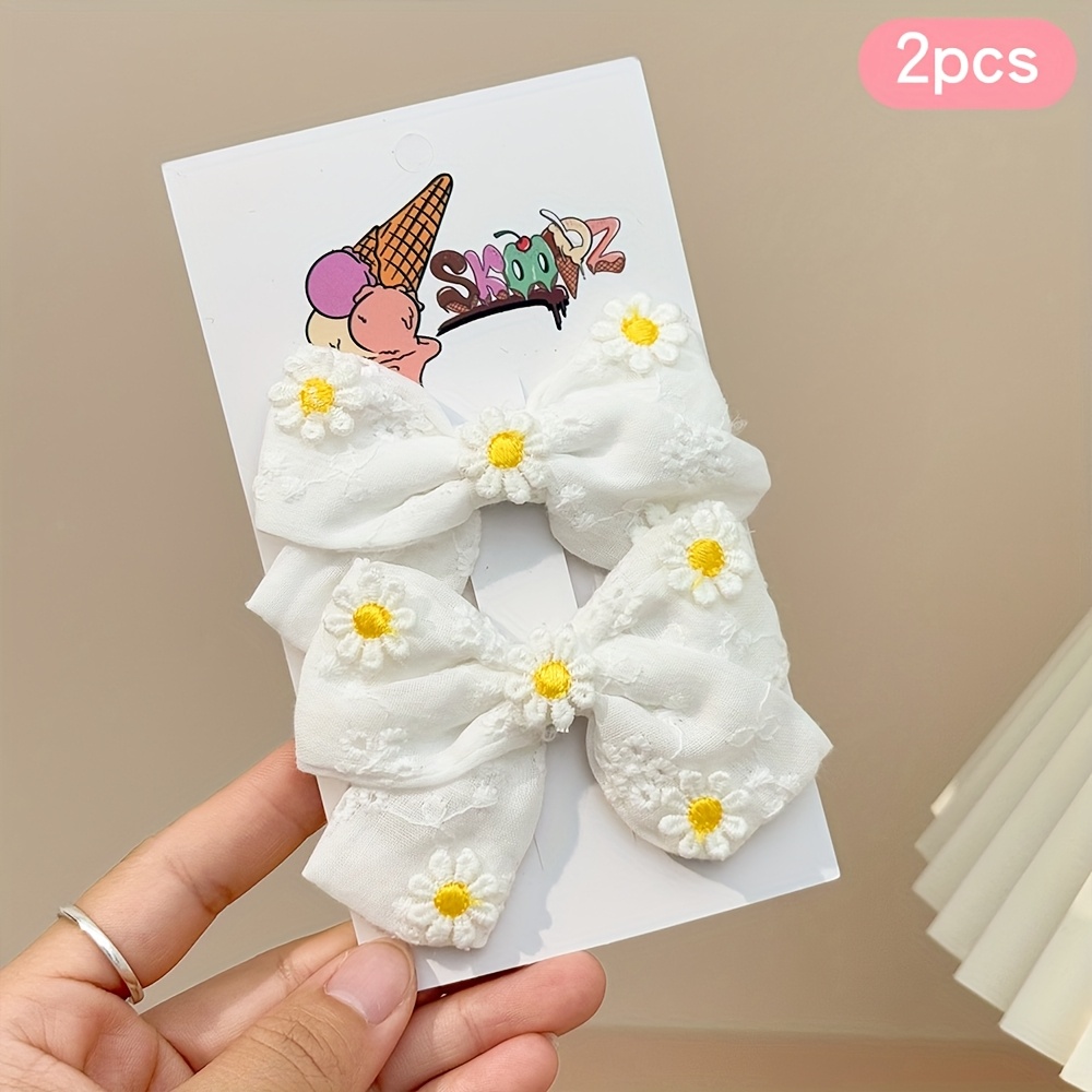 2pcs Flower Hair Bow Clips Set Embroidered Flower Hair Bow Barrettes Daisy Decor Bow Hair Accessories For Girls Gifts, Spring And Summer