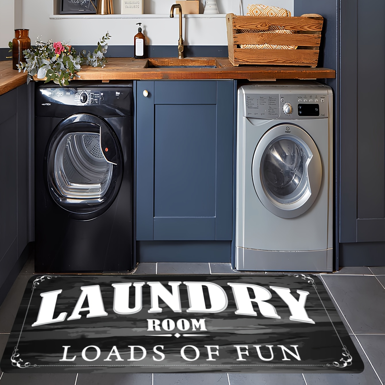 

Machine Washable Kitchen Runner Rug - Polyester Non-slip Laundry Room Mat, Stain Resistant, Vintage American Decor For Kitchen, Bathroom, And Hallway - 1pc