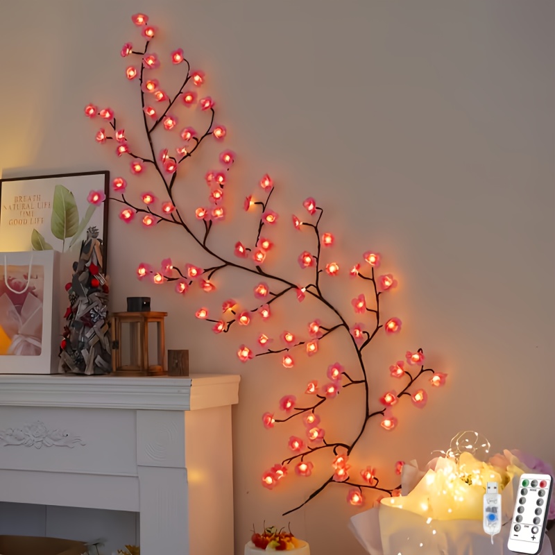 TEMU 1pc Artificial Led Cherry Branch String Lights, 96 Led Beads All Season, Usb Powered Wall Vine Lights, Room Wall Decor, Novelty Home Lighting,