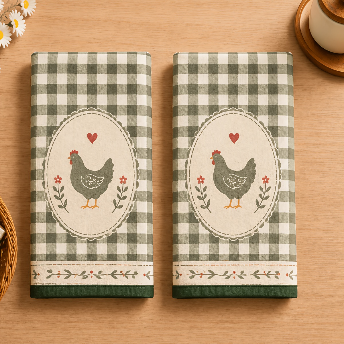 TEMU 2pcs And White Checkered Background Retro Heart Chicken Small Flower Oval Frame Kitchen Tea Towel, Quick-dry High Absorbency Non-pilling, Farm