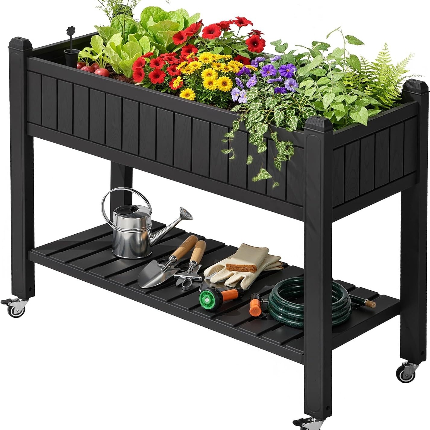 108.5×44×89.5cm Elevated Garden Bed With Trellis And Wheels, Featuring Pots With Drainage Holes And Plugs, Of Holding 15 Lbs Of Climbing Plants, Vegetables, Flowers, And Fruits