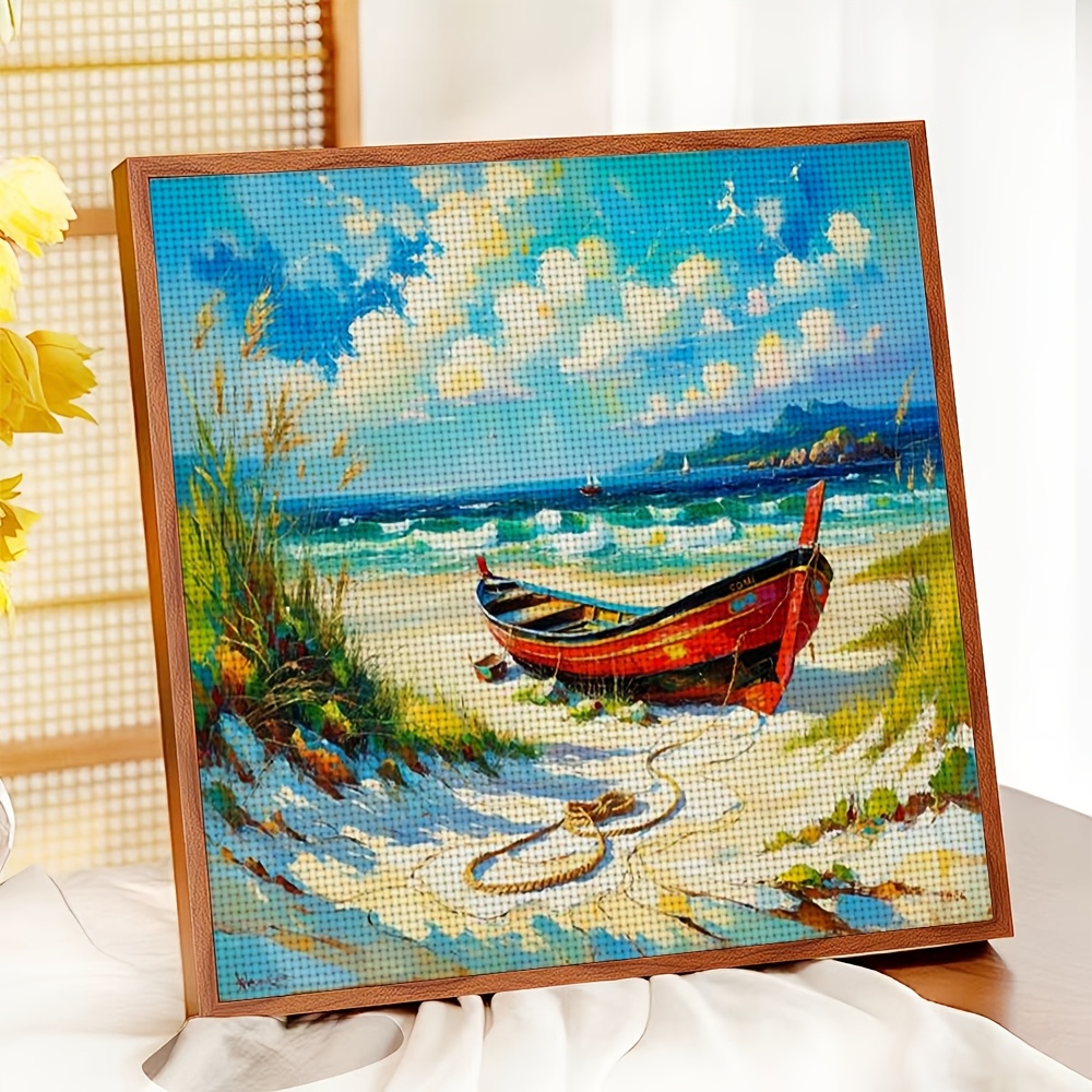 Frameless Cross-Stitch Printed Kit, "Red Boat on Sandy Beach" Home Decor Art