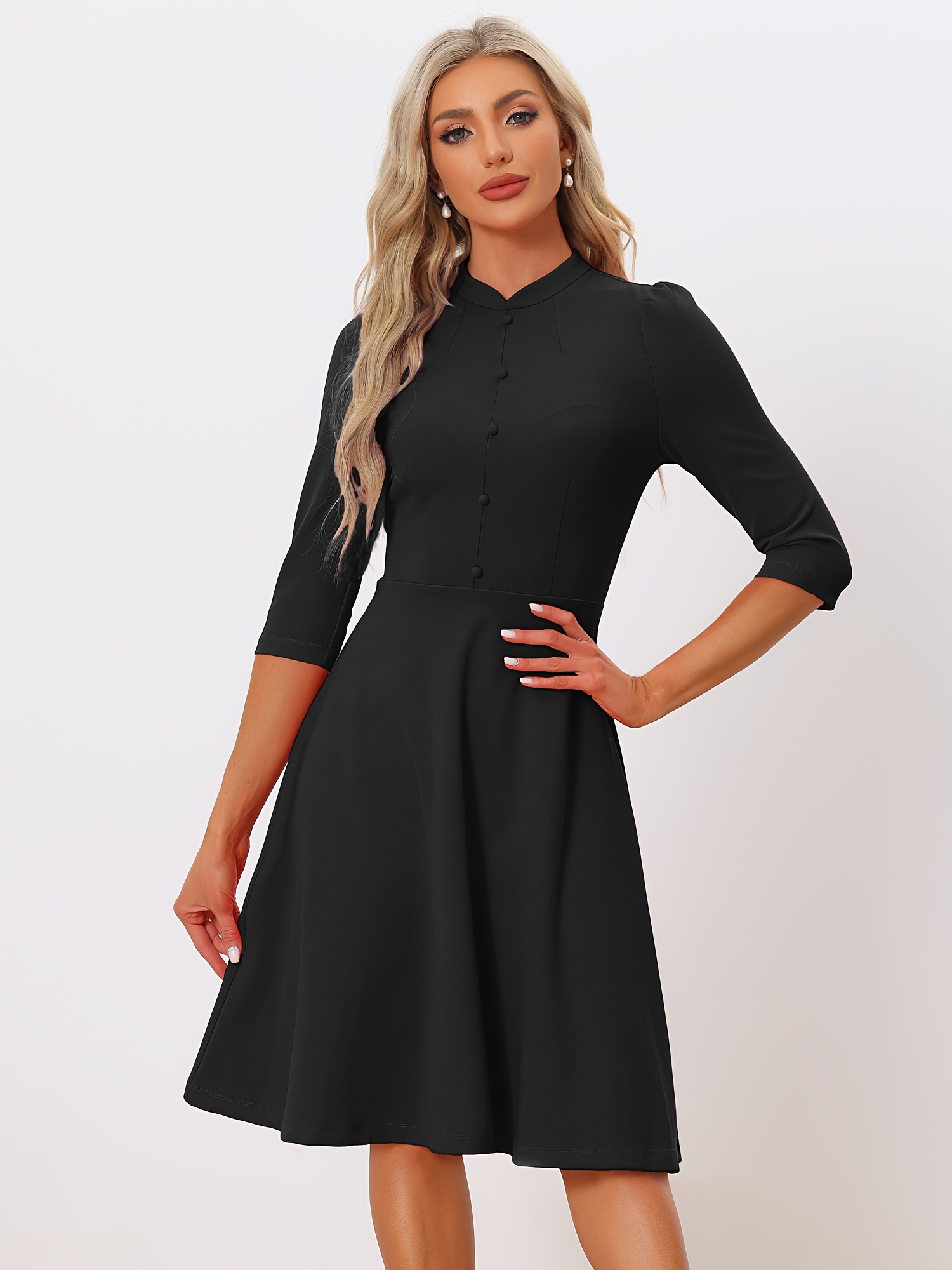 vintage dresses womens 3 4 sleeves stand collar office work - Temu