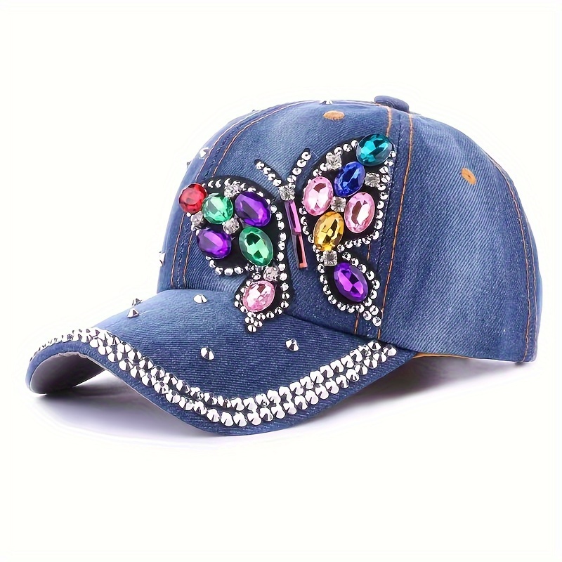 

Butterfly Pattern Rhinestone Decor Fashionable Baseball Cap, Women's Sunscreen Washed Denim Trucker Hat For Outdoor