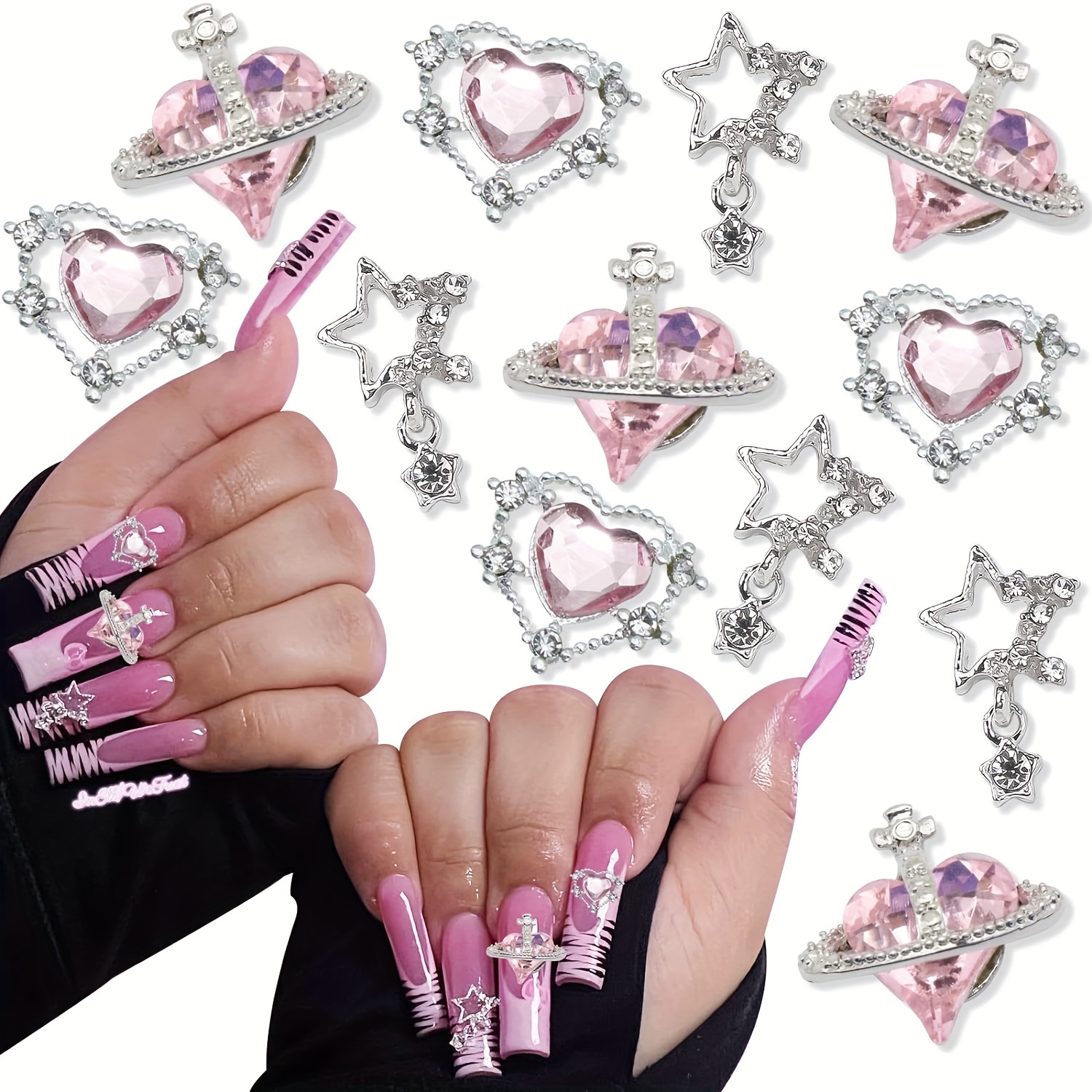 

60pcs Nail Art Charms Crystal Heart Nail Charms Pink Shiny Planet Charms 3d Alloy Star Nail Charm Shiny Flatback Gems Rhinestones For Nail Art And Diy Crafts Jewelry Decoration