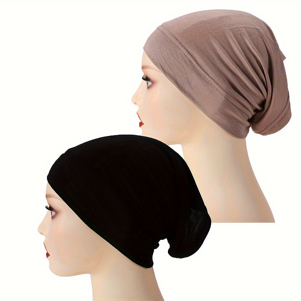 

2pcs Women' Color Jersey Caps - Stretchy, Breathable Polyester Tube Undercaps In & Black - , Fit For Casual Wear