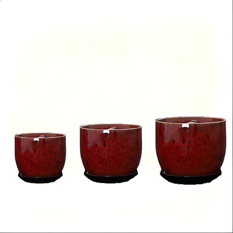 TEMU 3pcs Red Textured Ceramic Plant Pots With Drainage Trays, Round Decorative Planters For Indoor And Outdoor Gardens, Courtyards, , And Tabletop