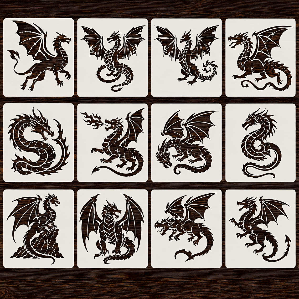 TEMU 12pcs Pack Dragon Stencils Suitable For Craft Cutting, Reusable Western Dynamic Dragon Templates With Hollow Templates For Diy Crafts, Clothing,