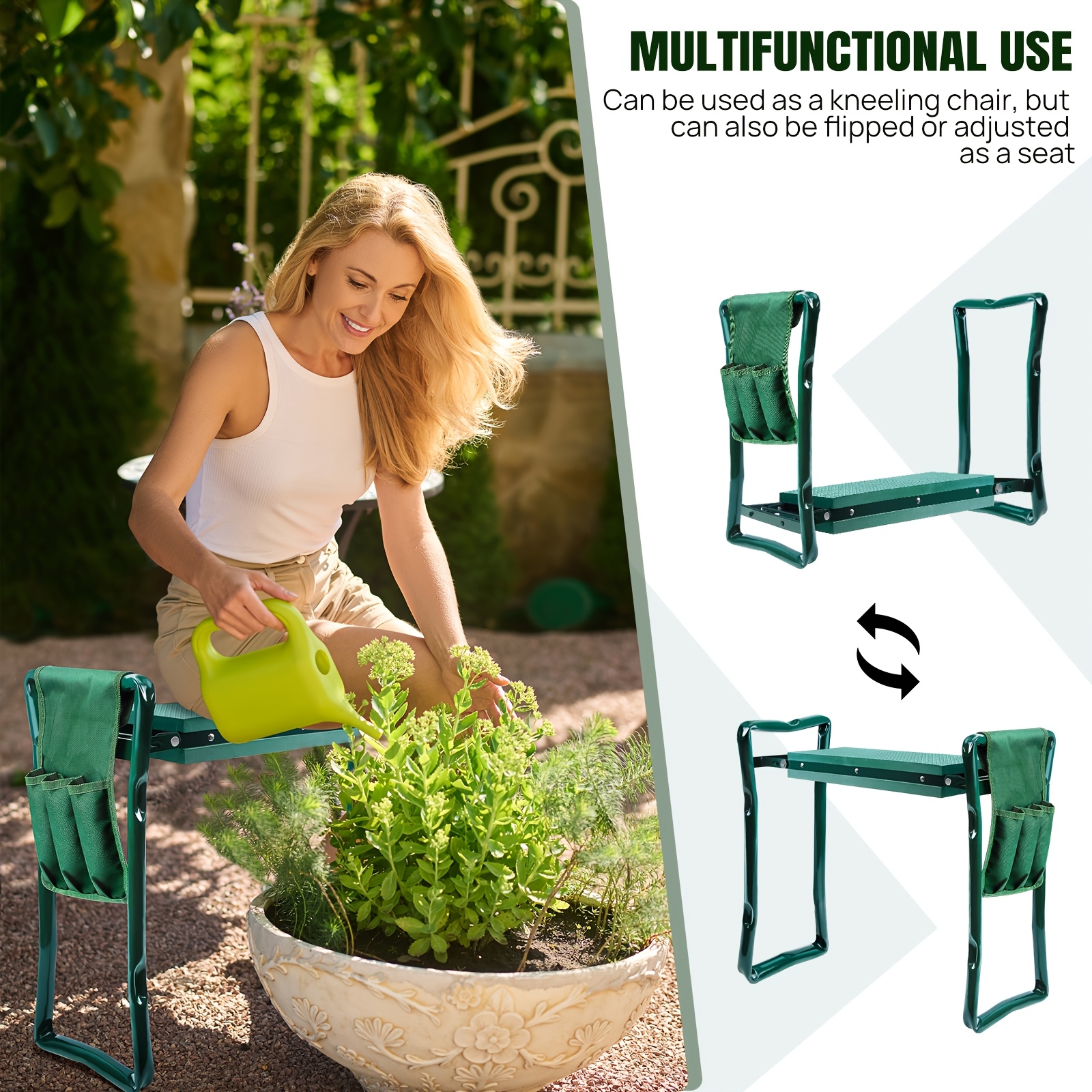 Image of Green Garden Kneeler Seat With Handles Tool Bag, Heavy Duty Foldable Kneeling Stool For Gardening Eva Foam Mat Garden Kneeling System, Gift For Elderly