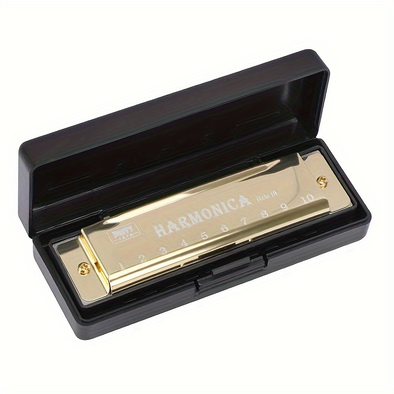 

10-hole Harmonica, Stainless Steel Golden Color, Beginner Level Mouth Organ Instrument With Protective Case, Gift Suitable