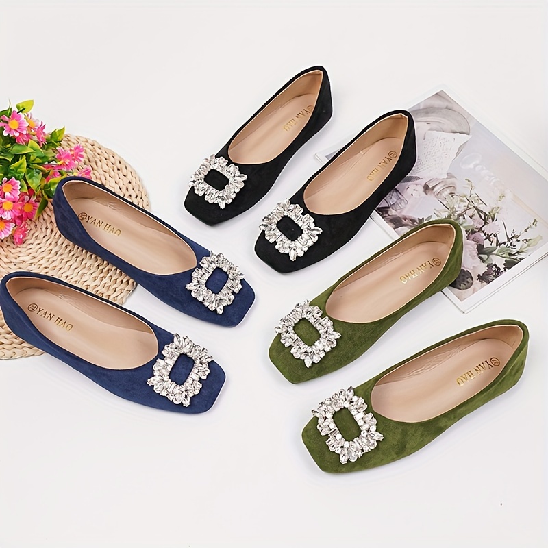 Women's Square Toe Flat Shoes Rhinestone Square Buckle Slip - Temu