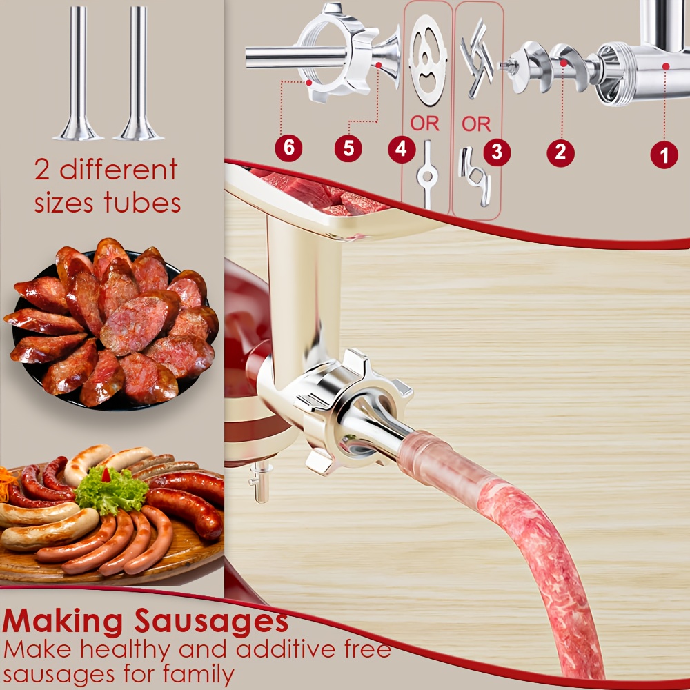 compatible for stand mixers meat grinder attachment with 4 grinding plates 2 sausage stuffer tubes heavy duty stainless compatible with ka mixers attachment only ideal for small business Product details 6