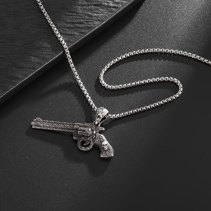 Retro Skull Gun Charm Necklace, Unisex Gift