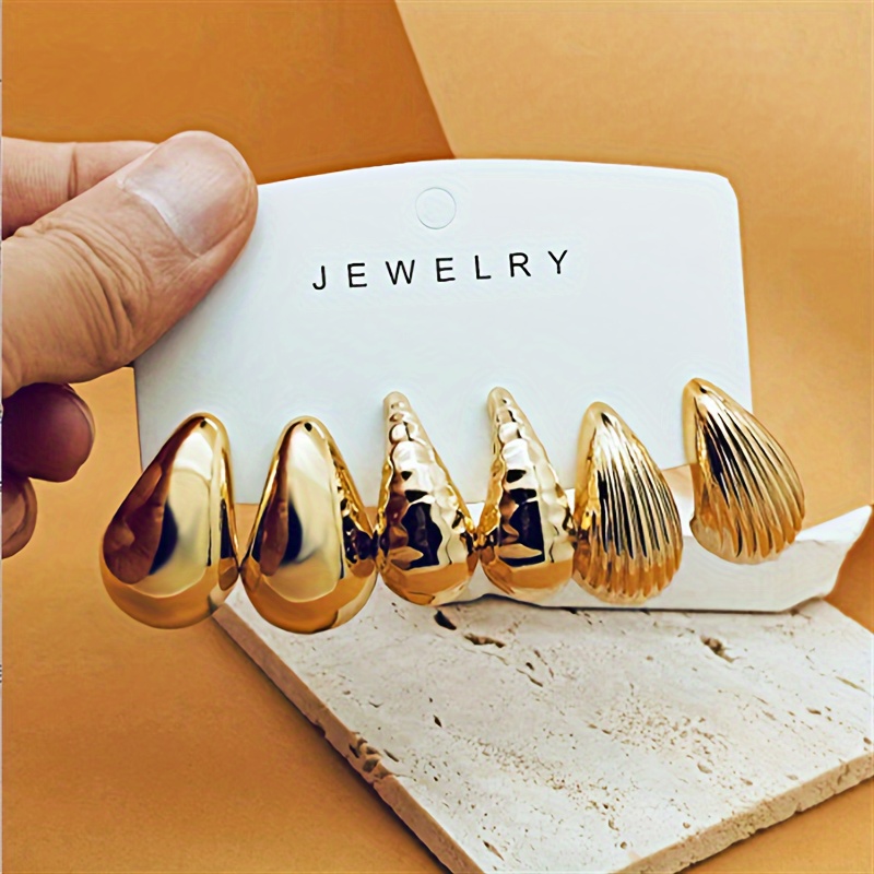 

6pcs Golden- Water Drop Earrings Set For Women - Uv Color-preserving, Stainless Steel Posts, Style, & Parties