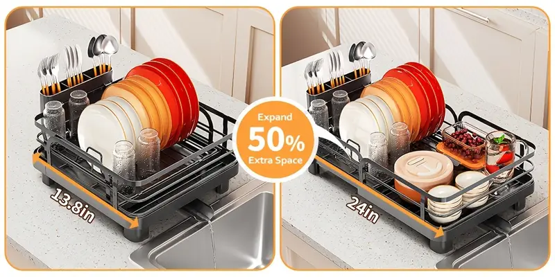 expandable dish drying rack extendable dish rack with spout collapsible dish dryer black large dish drainer for kitchen counter foldable dish drainer drying rack with cutlery holder Product details 1