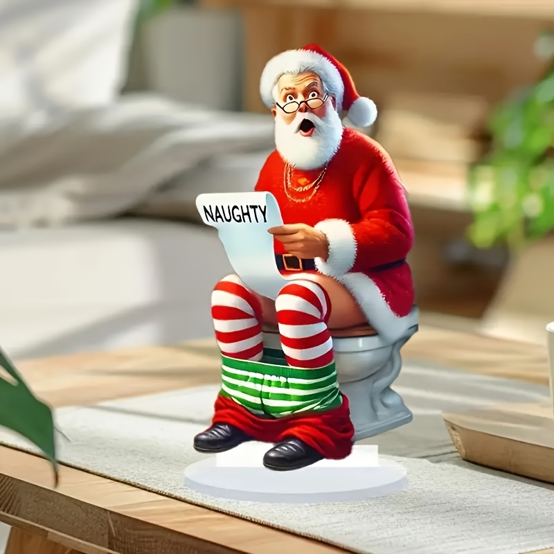 

2d Flat Bohemian Style, Chic Acrylic Santa Claus On Toilet Decor Sign - , Waterproof Christmas Ornament For Desk, Room, Cafe & Office