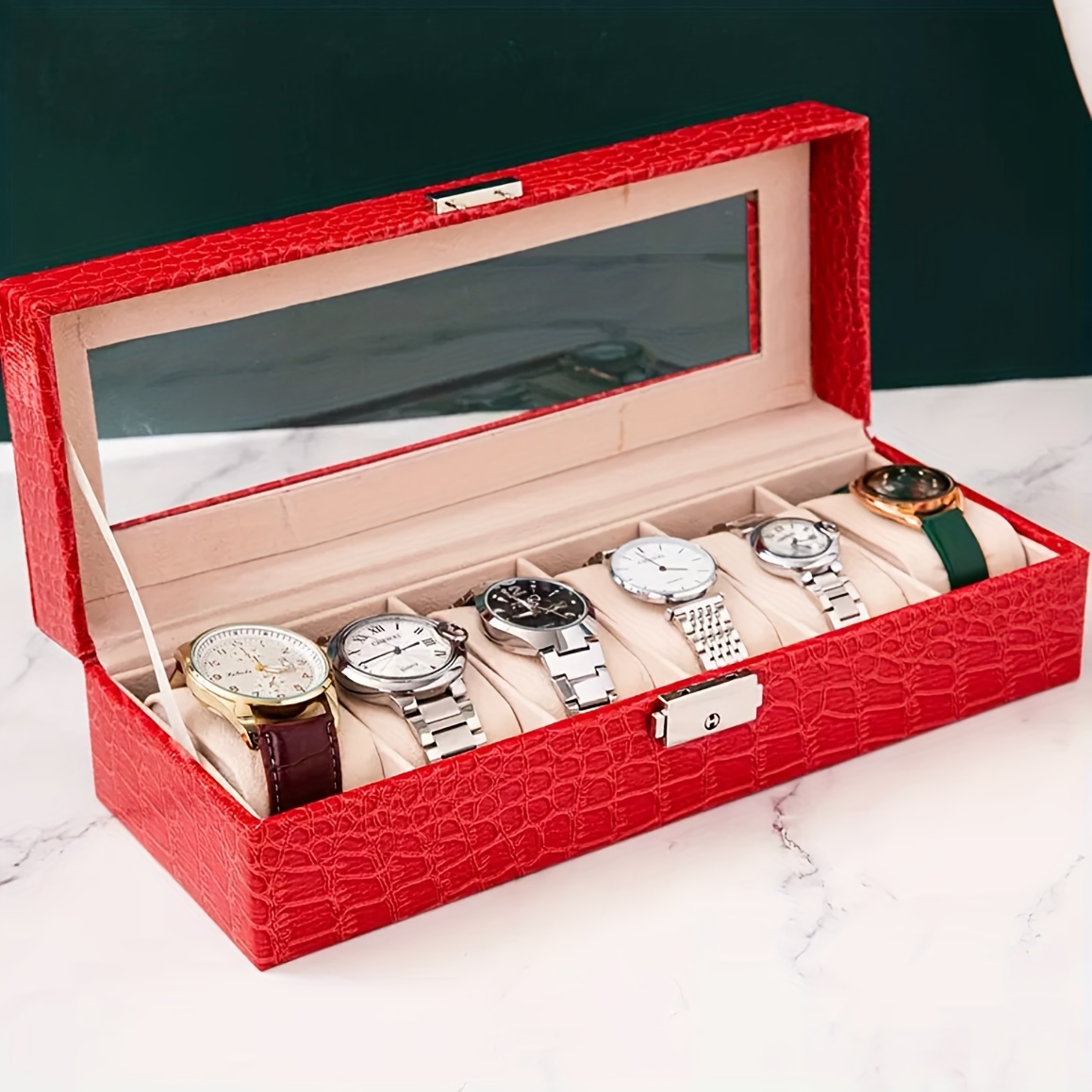 Joyero de reloj para hombre, caja de reloj de 6 ranuras, caja de exhibición  de 6 relojes, organizador grande de madera con ventana de cristal, caja de