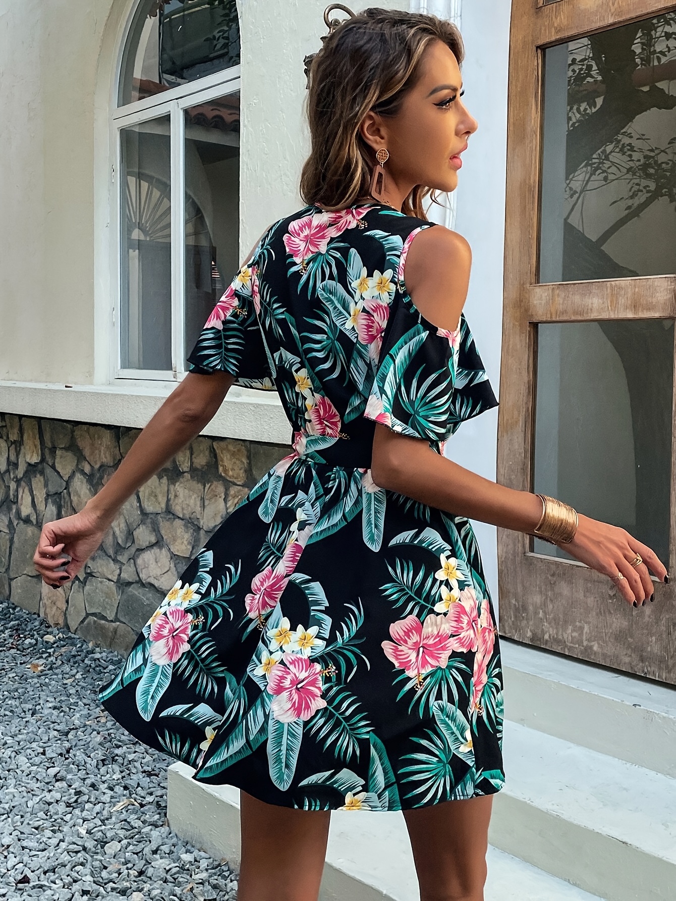 women's v neck tie tropical print dress