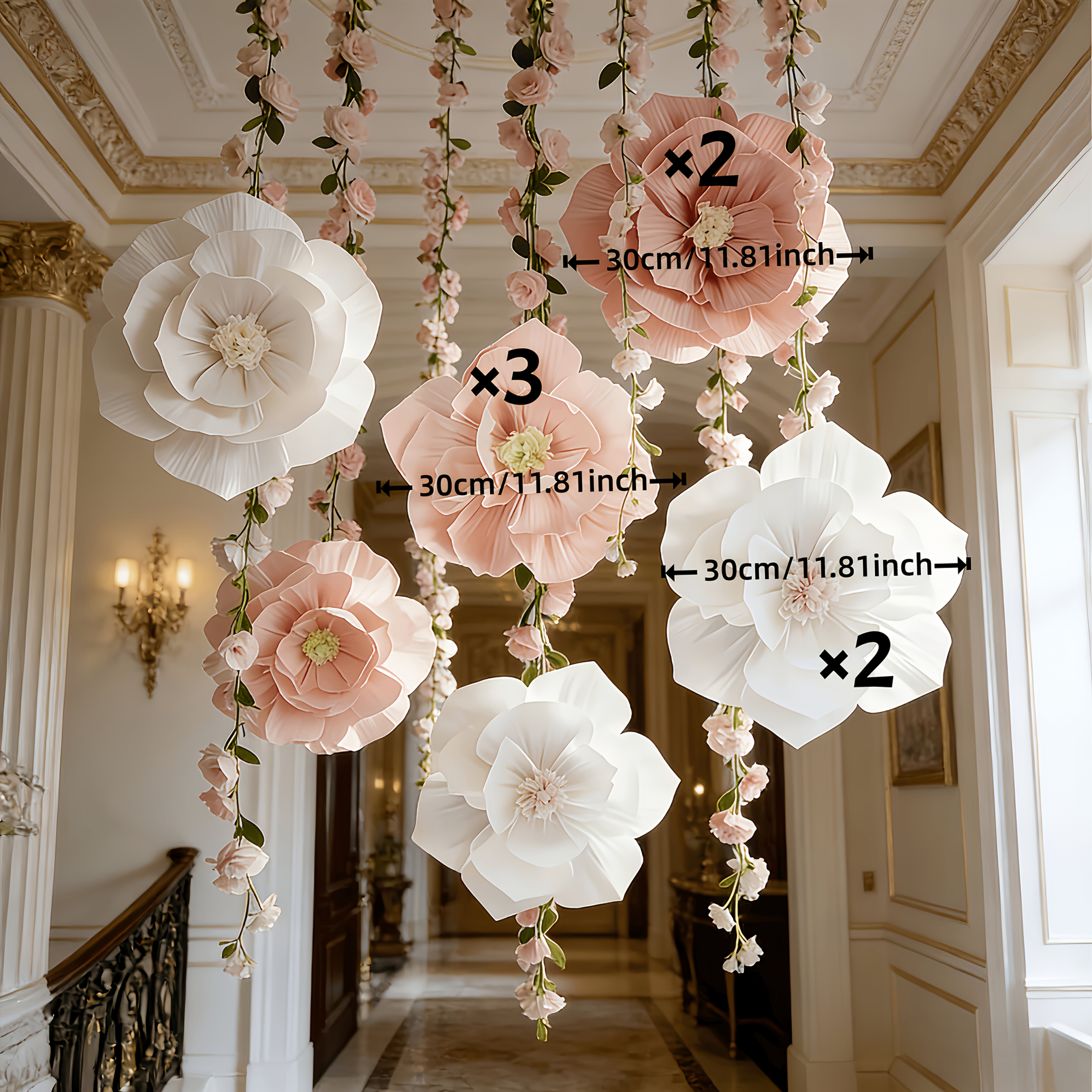 TEMU 7pcs Of 30cm Vintage Artificial Paper Flowers In A Mixed Color Scheme Of , Light Pink, And White. Lifelike Artificial Flowers Are Ideal For