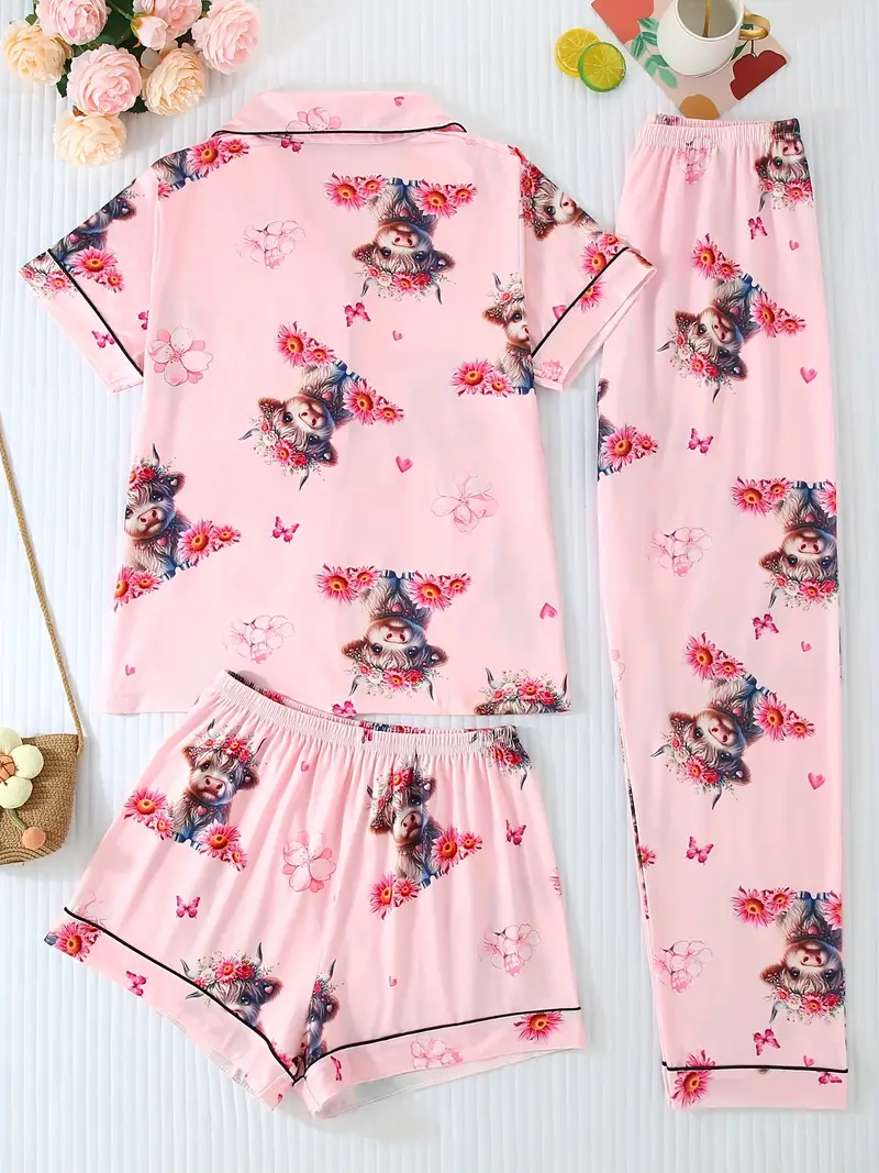 a set of three pink floral print pajamas for women featuring a comfortable long sleeve button up shirt and loose elastic shorts and pants casual outdoor wear and home lounging in Product details 1