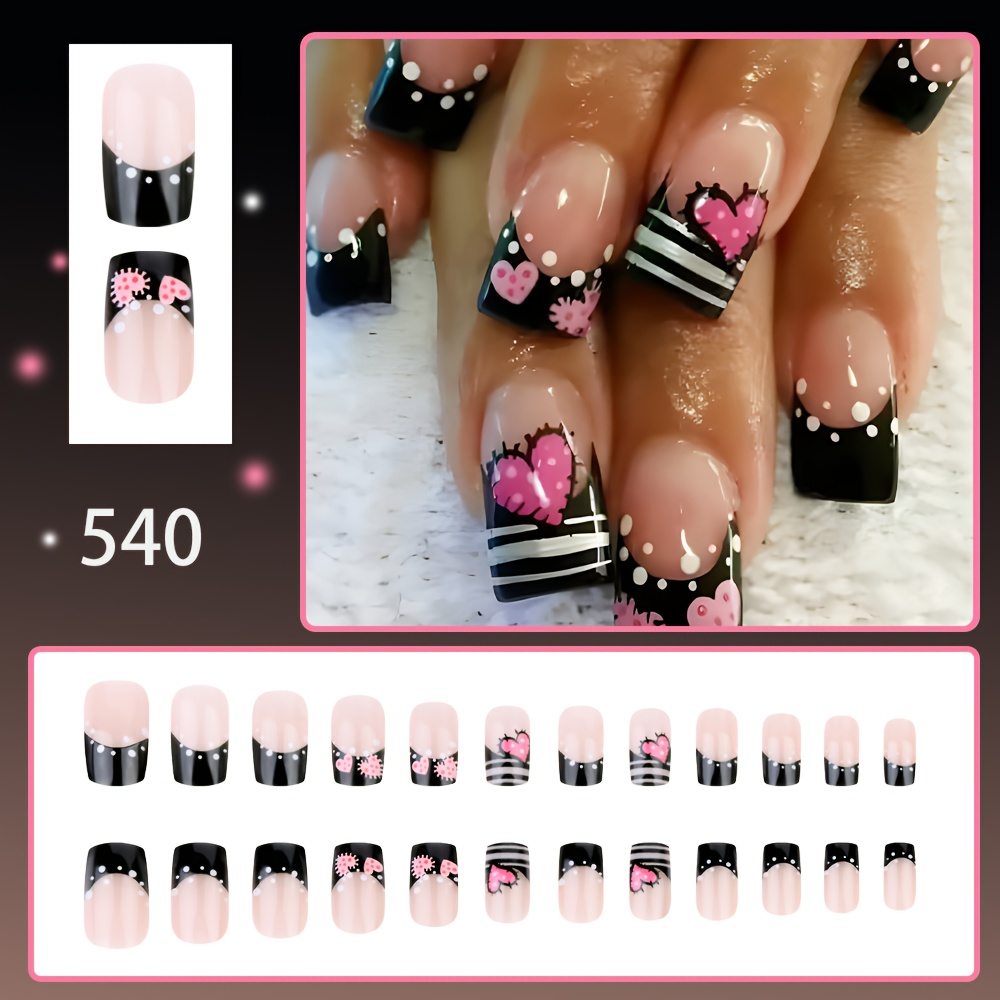 TEMU Valentine's Day European-style Heart-shaped Patch Medium-length Wearable Nails, Everyday Nail Tips, European And American Holiday Black French