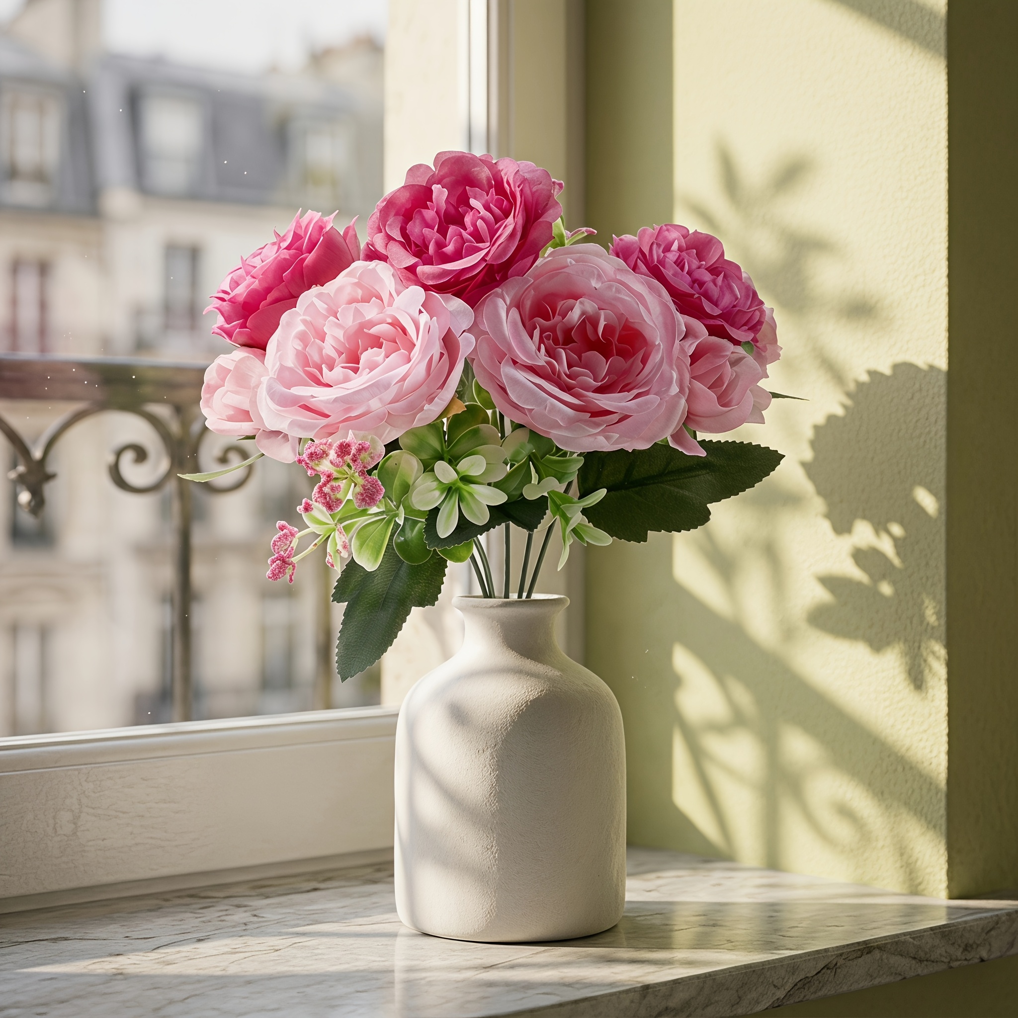 Image of Set Of 5 Artificial Peony Bouquets In Soft, Misty Pink Tones; Featuring A Realistic Suitable For Weddings, Home Decor, Gardens, And Tabletop Displays Perfect For And Use Indoors And Outdoors