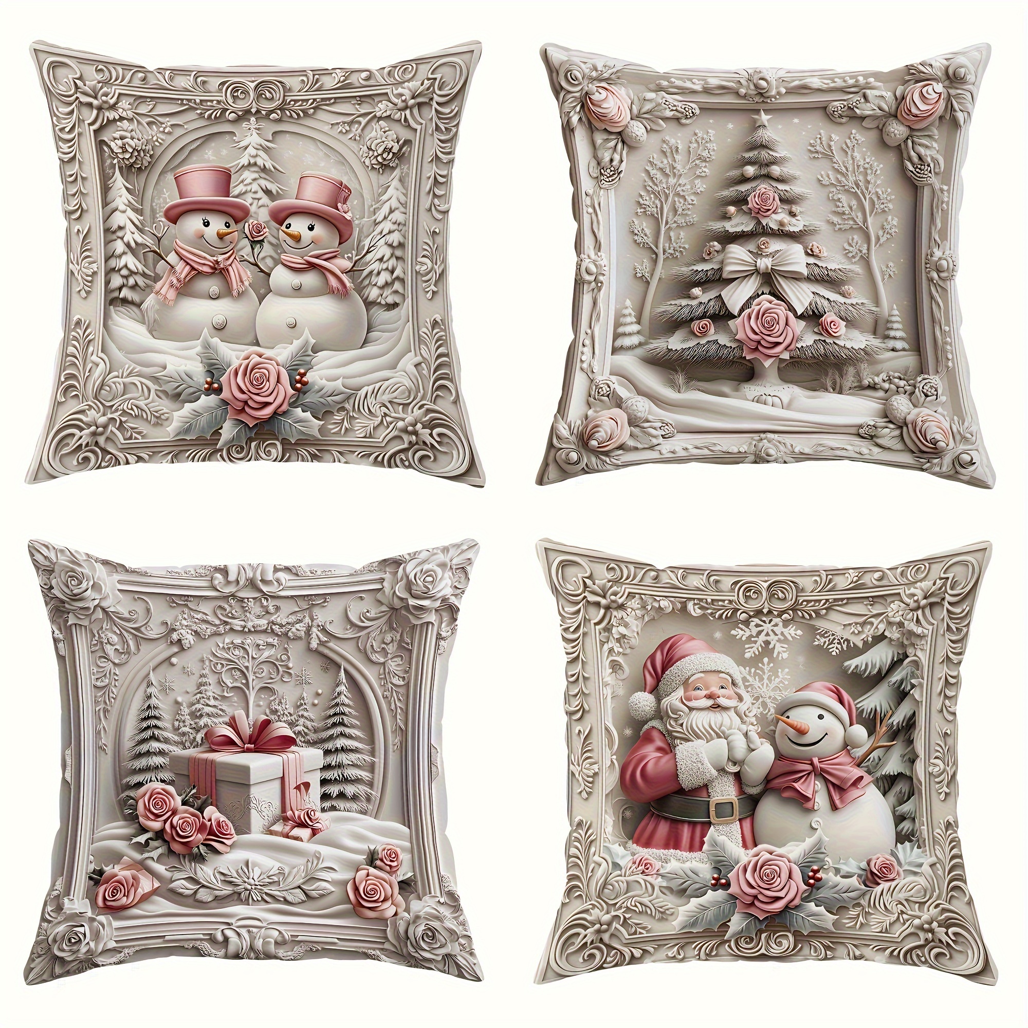 

Set Of 4 Christmas 18x18 , 3d Snowman , , Washable, , Stain , For , Car, Bedroom, Sofa, Decor - Inserts Not Included