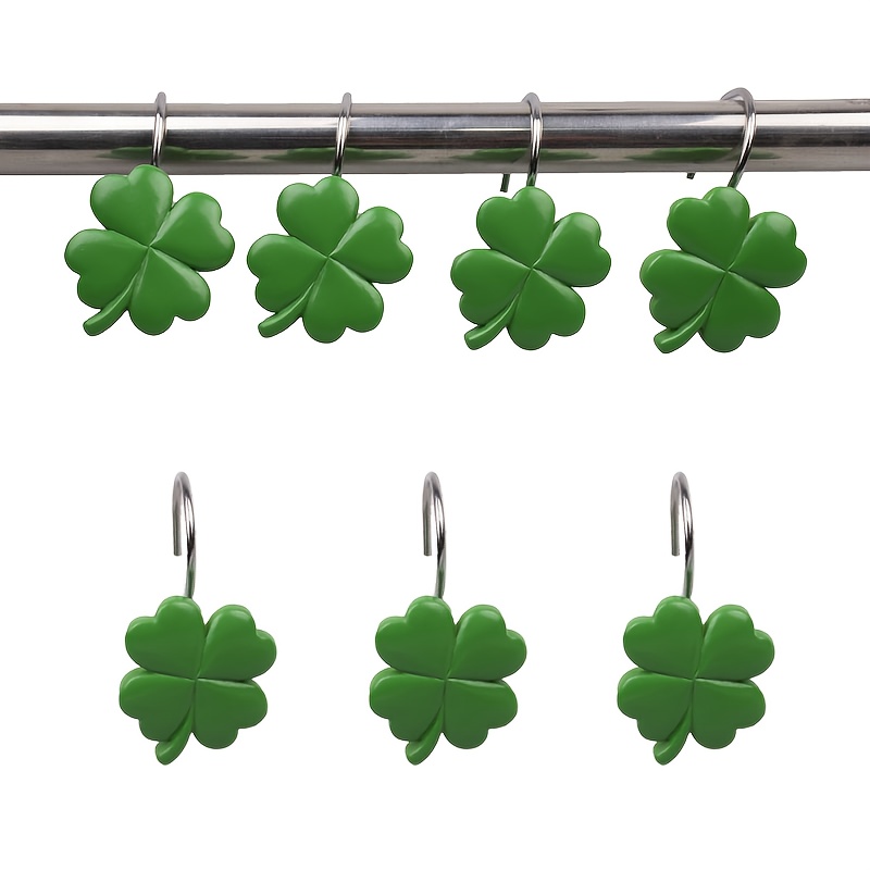 

12-pack 's Day Clover Shower Curtain Hooks, Resin Green Clover Decorative Bathroom Accessories, Irish Home Decor Hanging Hooks For Bath Curtain