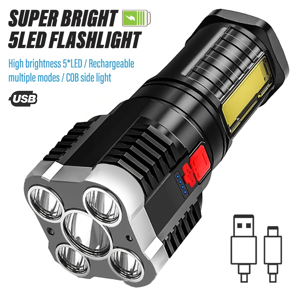 

5 Leds High Power Flashlight, Rechargeable Camping Light With Cob Side Light And 4 Lighting , Suitable For Camping, Adventure, Hiking, Outdoor Activities, Etc.