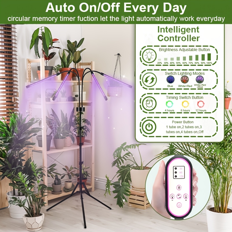 LED Grow Light, 6000K * Clip Plant Growing Lamp With White Red Blue LEDs  For Indoor Plants, 10-Level Dimmable, Auto On Off Timing 4 8 12Hrs