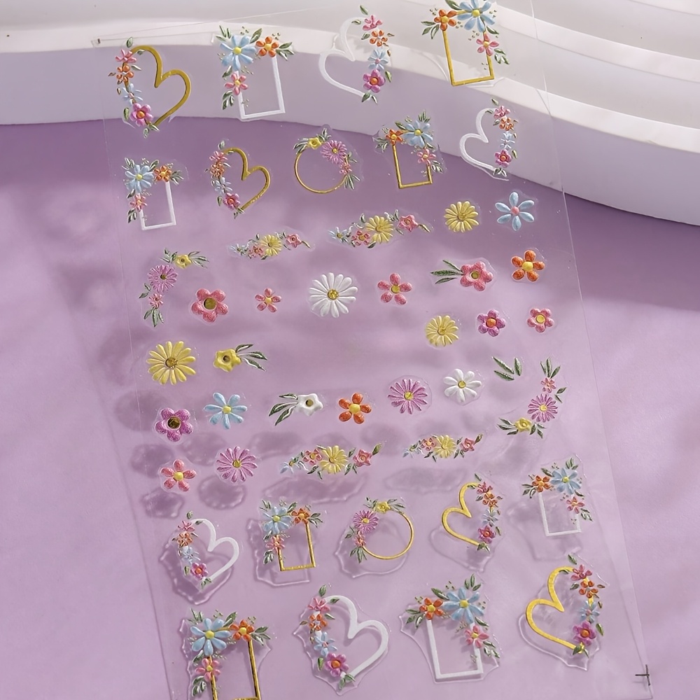 1pc Colorful Floral Nail Stickers | Gold-bordered Daisy And Heart Designs, Self-adhesive, Embossed Pet Material, Spring/summer Nail Decorations