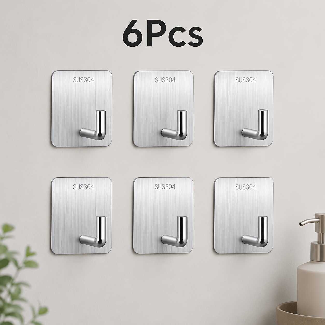 TEMU 6-pack High-quality Stainless Steel Adhesive Hooks, Multi-functional Kitchen And Bathroom Decorative Wall Hooks, Heavy-duty Adhesive Hook Set