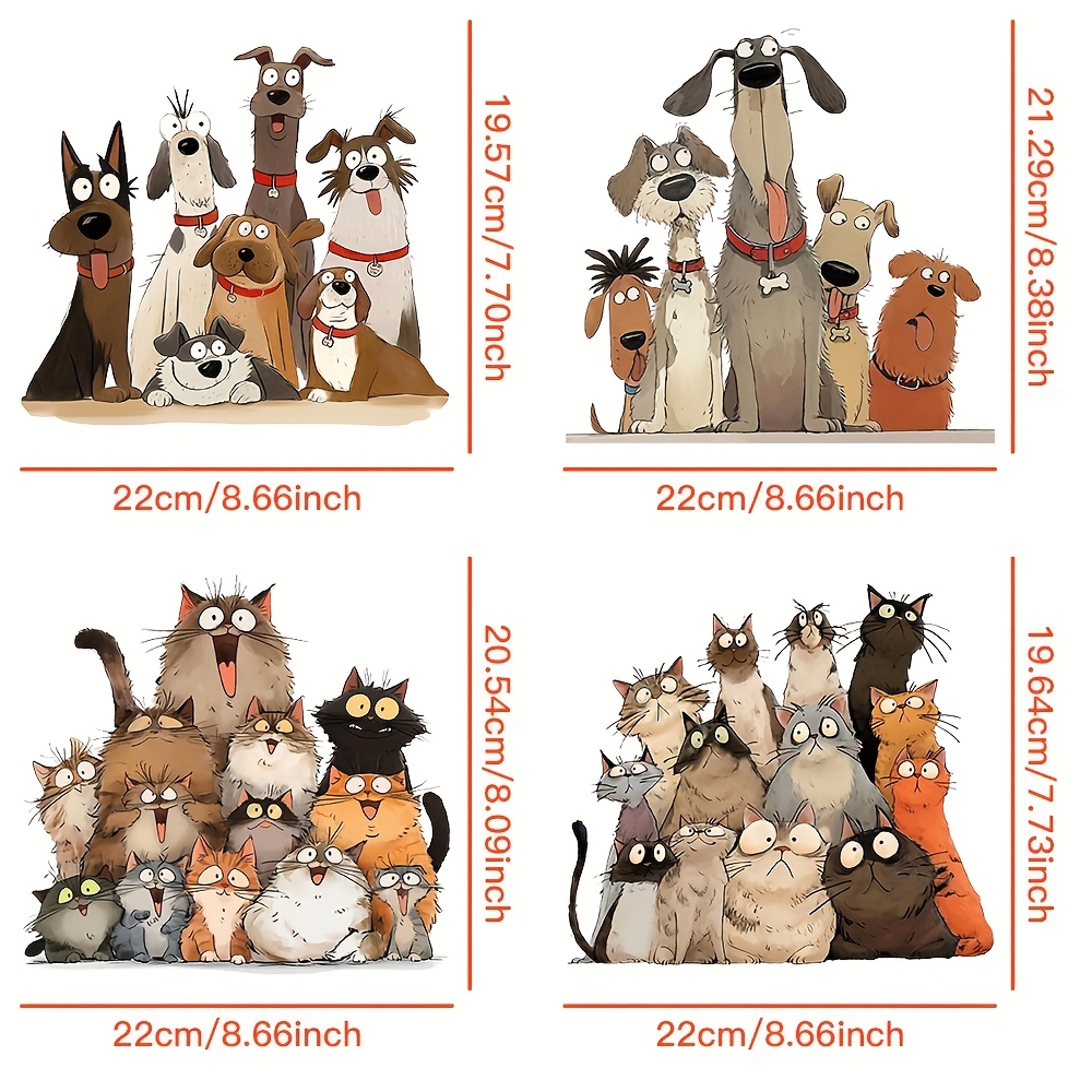E-shop 4er-Set Niedliche Katzen- & Hunde-Familie Cartoon Wärmeübertragungsaufkleber - Anime-Themen PVC Vinyl Bügel-Applikationen für DIY-T-Shirts,