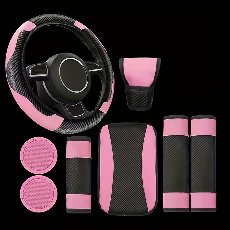 TEMU 8pcs/set Pu Leather Car Accessories, Steering Wheel Cover With Anti-slip, Shoulder Guard, Armrest Box, Mat, And Coaster For Cars, Trucks, And