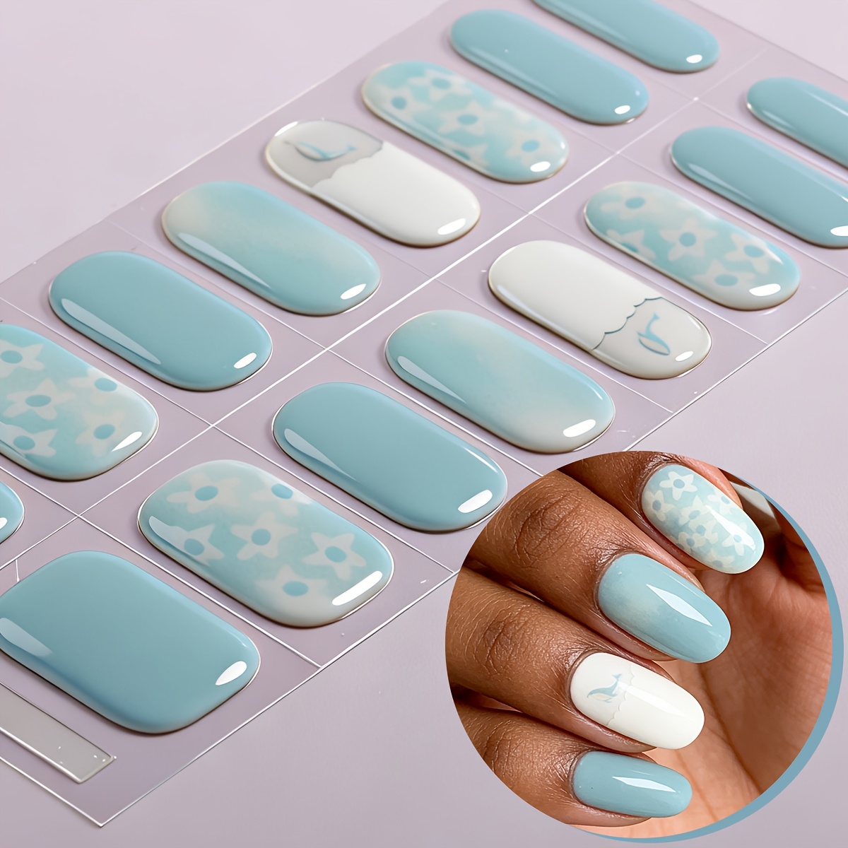 16pcs Spring/ White Semi Cured Gel Nail Strips, White Style Self-adhesive Gel Nail Full Wraps, Easy To Manicure, , Nail Stickers For Women Home