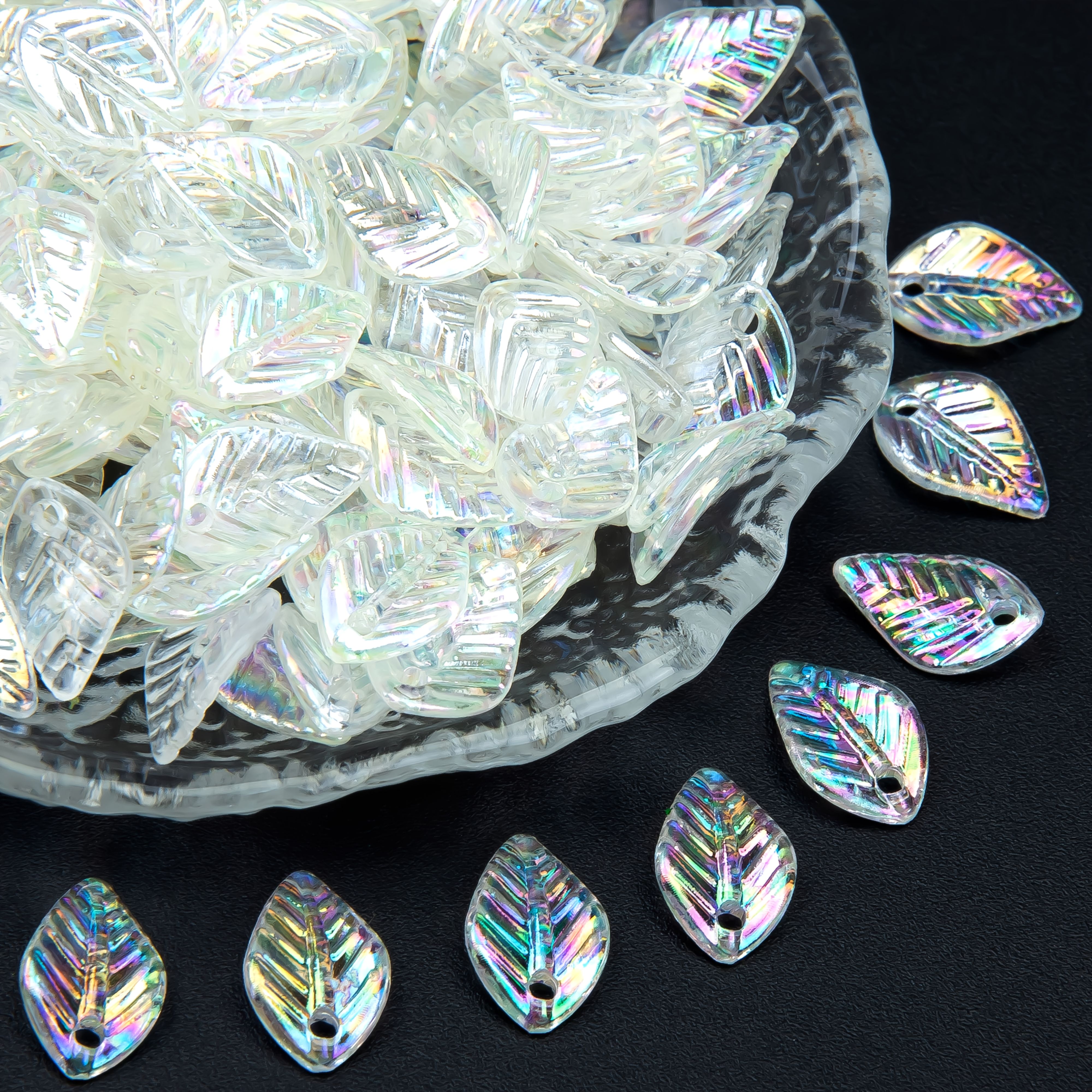 Image of 200pcs High Quality Transparent Ab Leaf Beads For Jewelry Making, Bracelets, Necklaces, Keychains, Crafts, Creative Additions, Beading Supplies, Acrylic Beads, Jewelry Findings