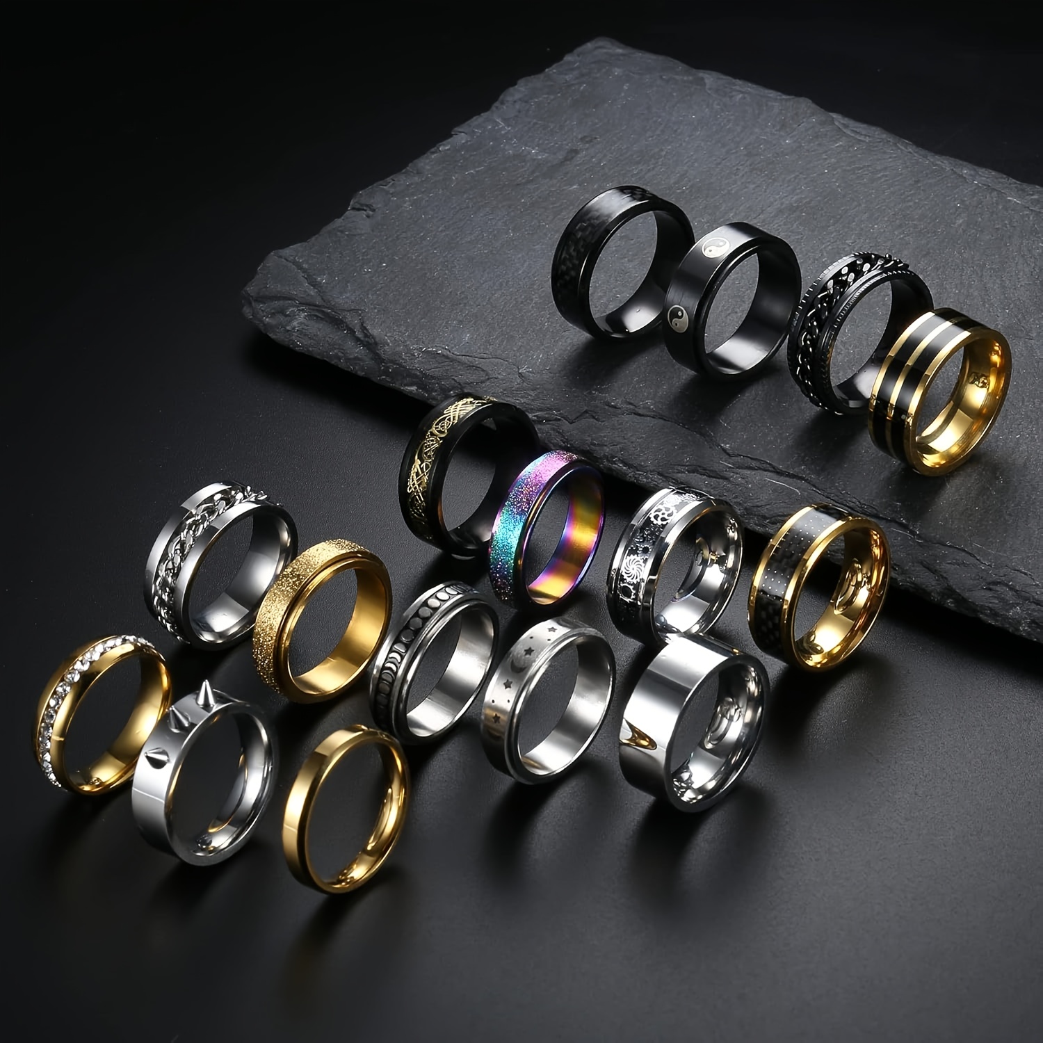 16pcs 316l stainless steel rings for men women hip hop style fidget spinner rings with   durable unisex wedding promise rings for casual attire wedding accessories and special occasions wedding rings hip hop style rings durable rings Product details 1