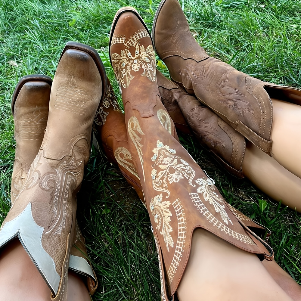 vintage womens western cowgirl knee high boots point toe chunky heeled retro embroidered long cowboy boots for woman fashion shoes