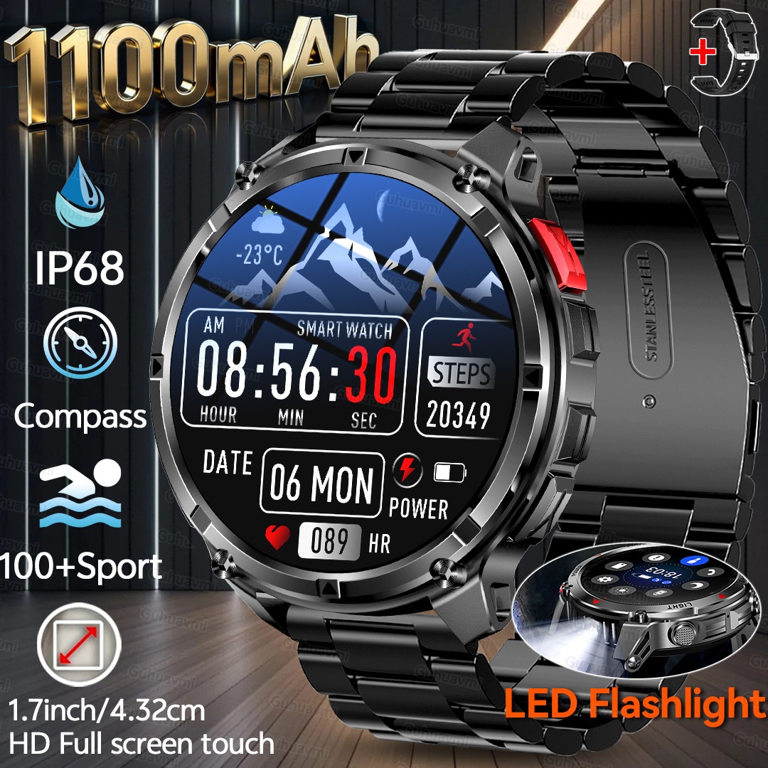 Image of Guhuavmi 2025 's Outdoor Sports Smartwatch, Equipped With Led Flashlight, 1.7 Inch/4.32 Cm Hd Full-screen Touch, 1100 Mah Super-large , Wireless Calling, , Compass, Sports Tracking
