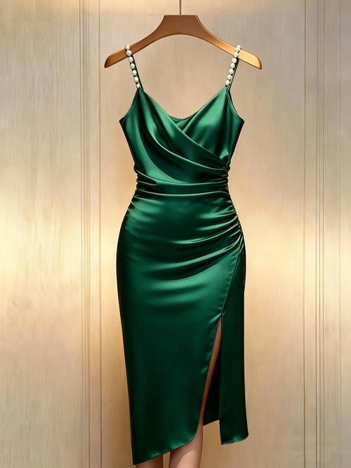 satin pearl camisole dress light luxury pleated slit hip hugging midi dress style banquet gown