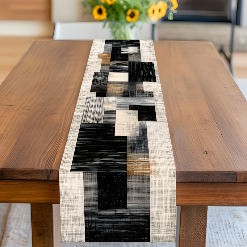 TEMU Tischläufer Tischdecke mit geometrischem Schachbrettmuster Linien in neutralen Farbtönen, für Feierlichkeiten wie Neujahr, Valentinstag, Ostern,