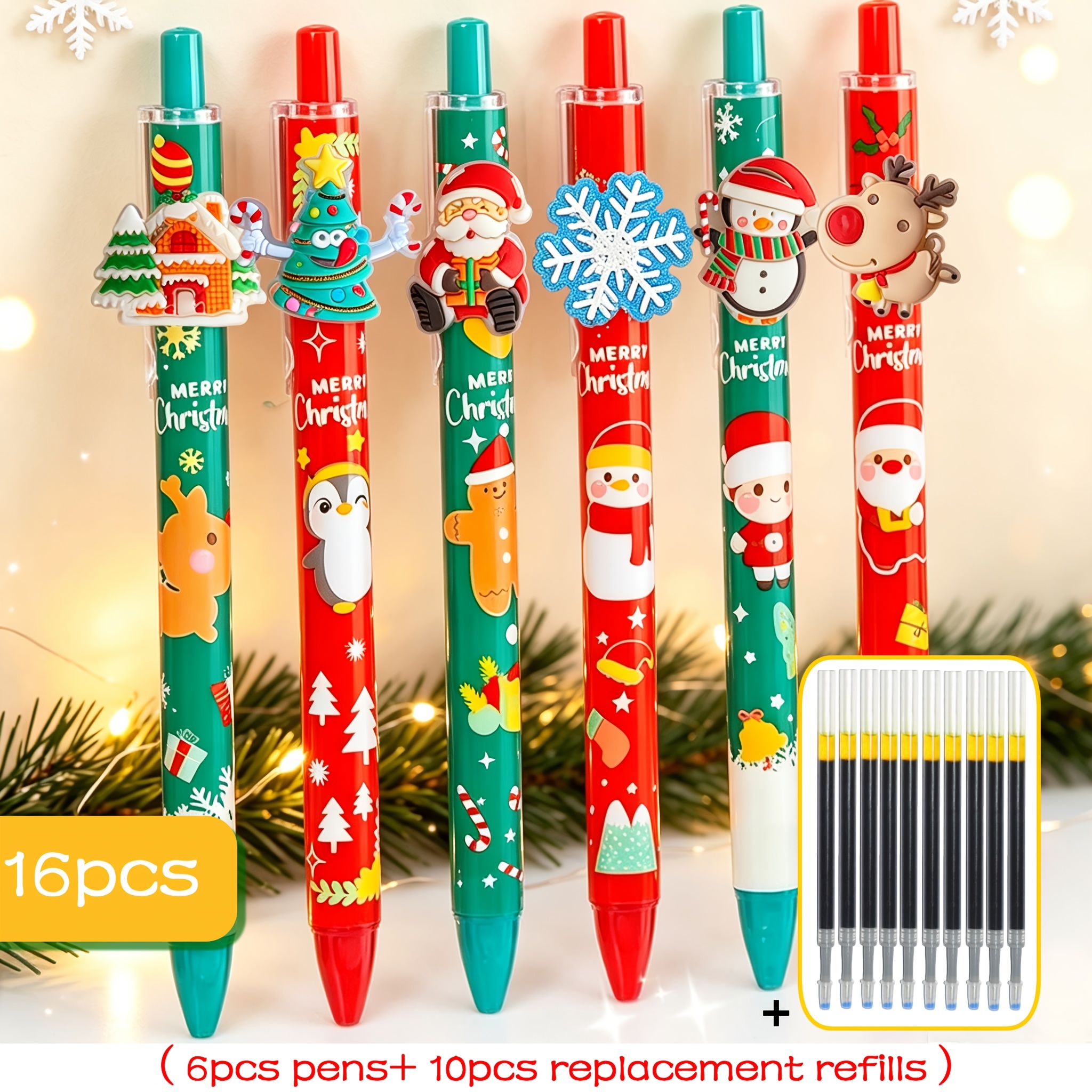 TEMU Lot de 16 stylos gel de Noël (6 stylos et 10 recharges), écriture fluide, prise en main confortable, fournitures scolaires et de bureau